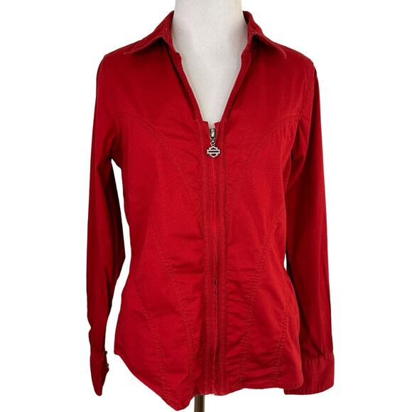 Harley-Davidson Red Zip Up Rhinestone Bling Shirt Size Small - Picture 1 of 8